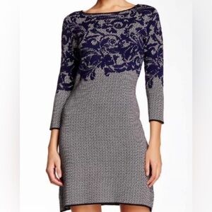 Taylor Navy, Black, Ivory Pattern Sweater Dress Size Medium